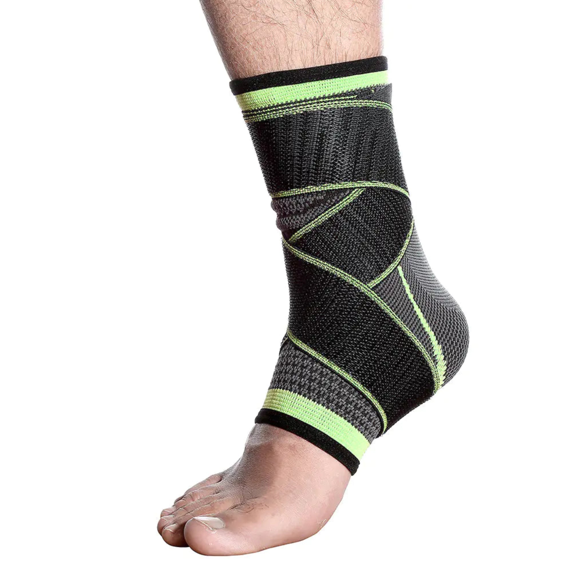 Black ankle support brace with green accents on a white background