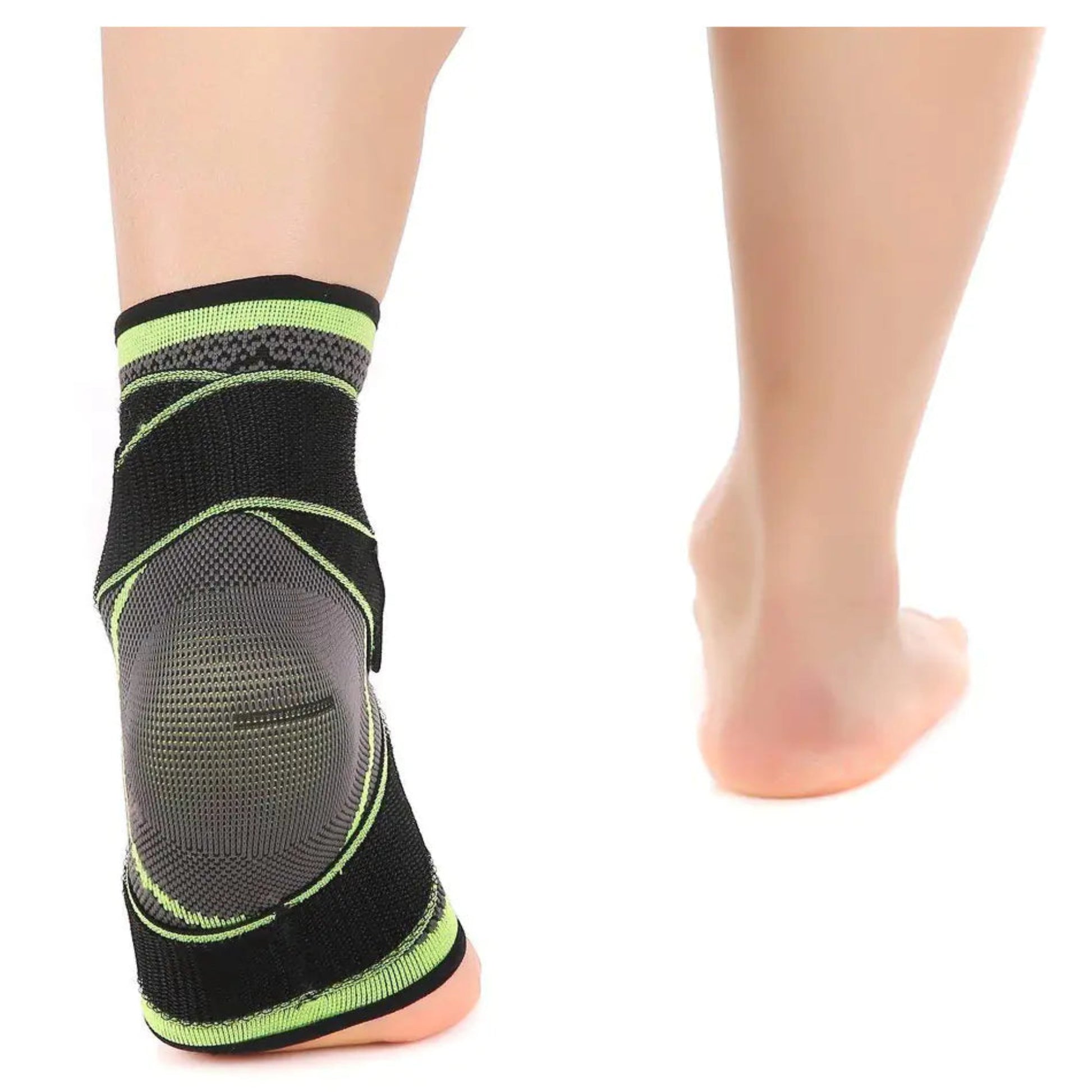 Black and green ankle support brace on a foot against a white background